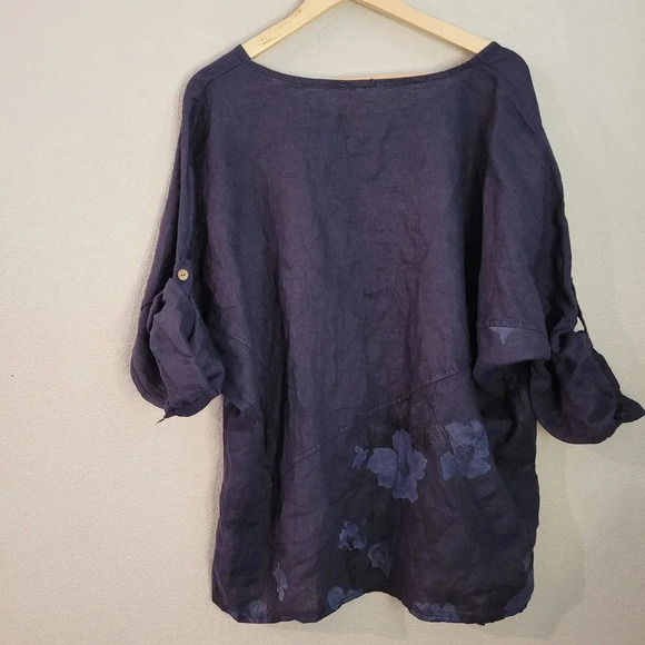 Lin Pour L'autre Women's Blouse Top Size 50 Blue 100% Linen Floral Roll Sleeves - Picture 2 of 10